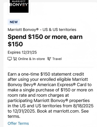 万豪 x Amex Offer,消费$150返$150的神级offer插图 万豪 x Amex Offer,消费$150返$150的神级offer插图